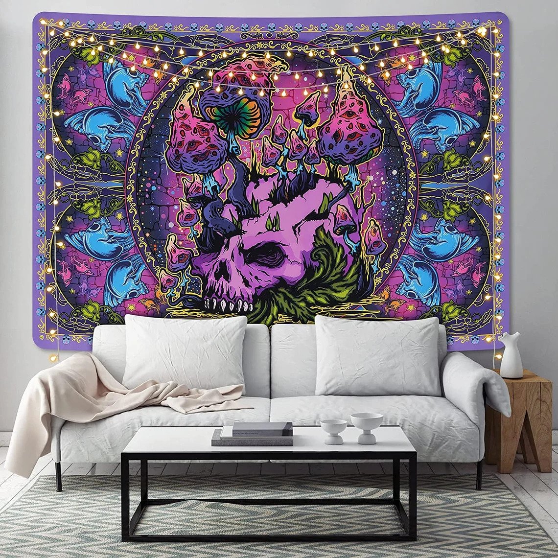 Trippy Mushroom Tapestry, Skull  Skeleton Wall Hanging, Psychedelic Décor,  Hippie Mandala, Mystic Aesthetic Fantasy Art For Dorm,Bedroom