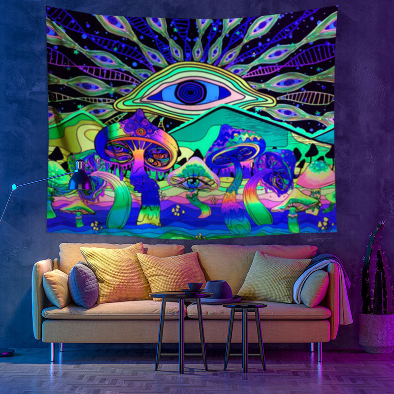 Fluorescent UV Tapestry, Psy backdrop, Trippy Mushroom Wall Hanging, Third Eye Psychedelic Mandala Wall Art, Party Décor, for Living Room