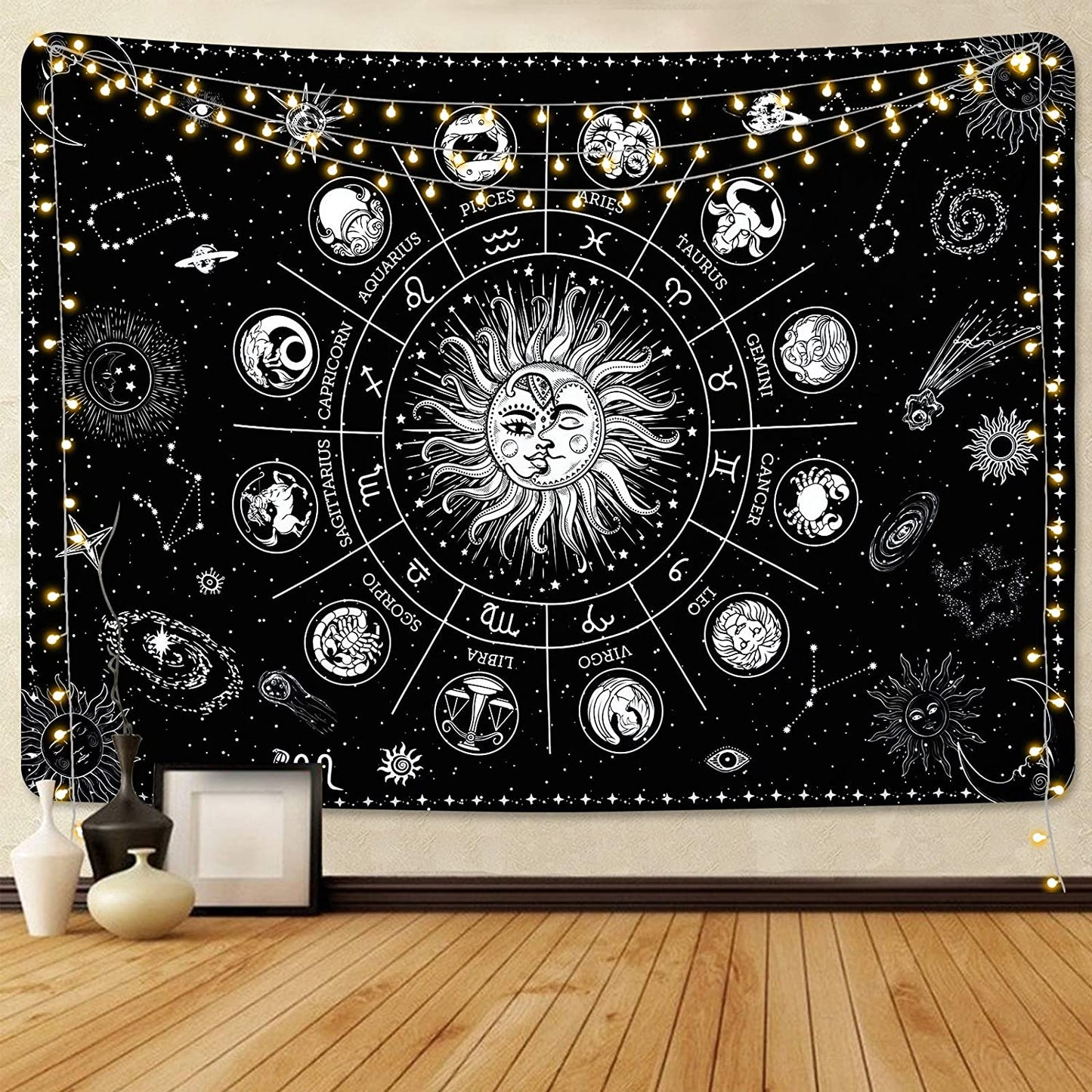 Sun and Moon Tapestry, Zodiac Wall Art , Goth Tapestry ,Black And White Wall Hanging, Tarot Cloth, Trippy Mystical Mandala,Witchy Stuff