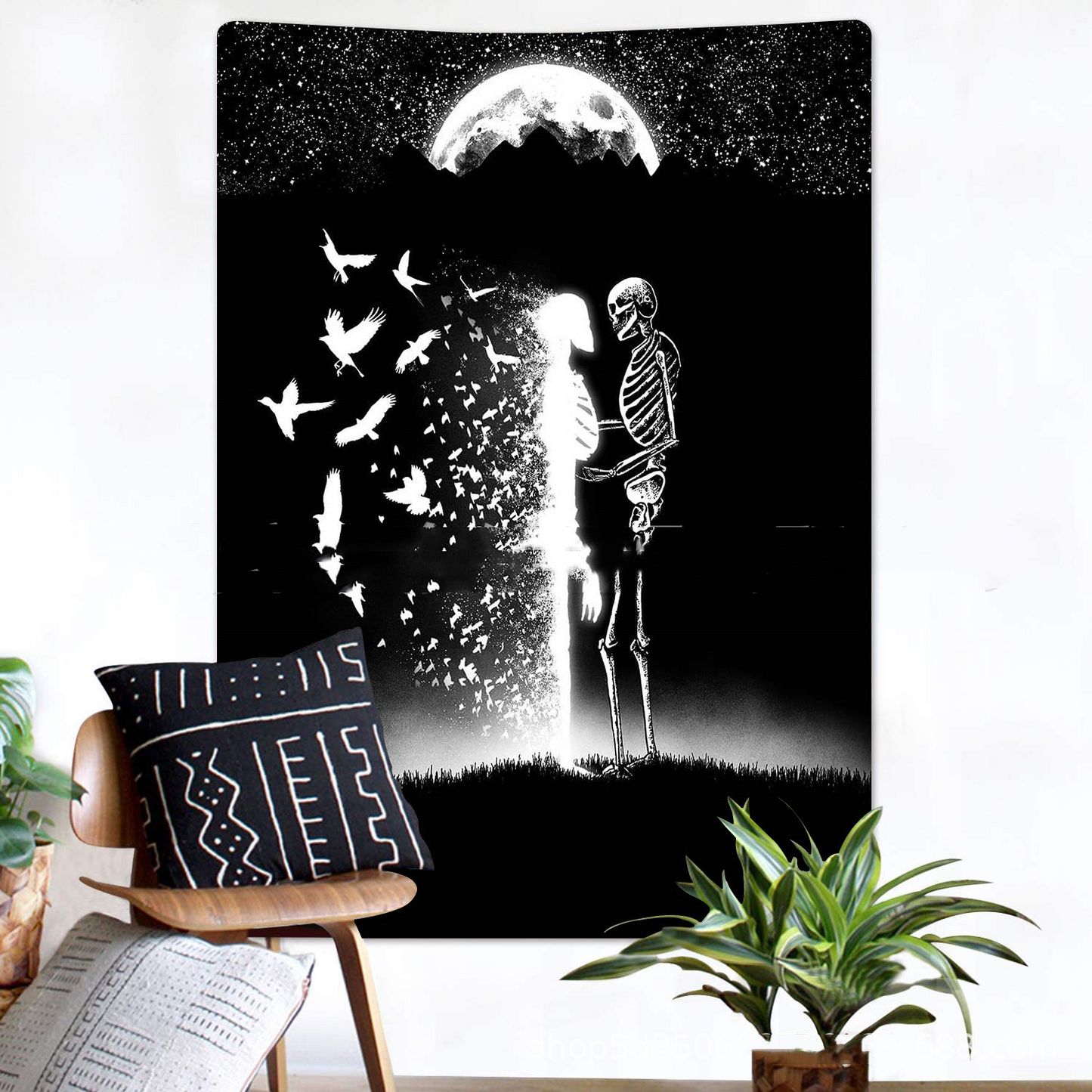 Skull Wall Tapestry, Skeleton Wall Hanging, Baphoheart Satan Moon Tapestries , Black and White Tapestry  Tarot Tablecloth,  Hippie, Gothic