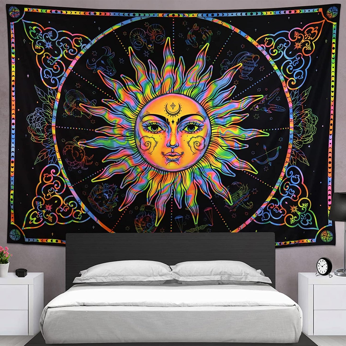 The Sun Tapestry, UV Reactive Burning Sun Wall hanging, Constellation Backlight Wall Tapestry, Fluorescent  Astrology Psychedelic Mandala