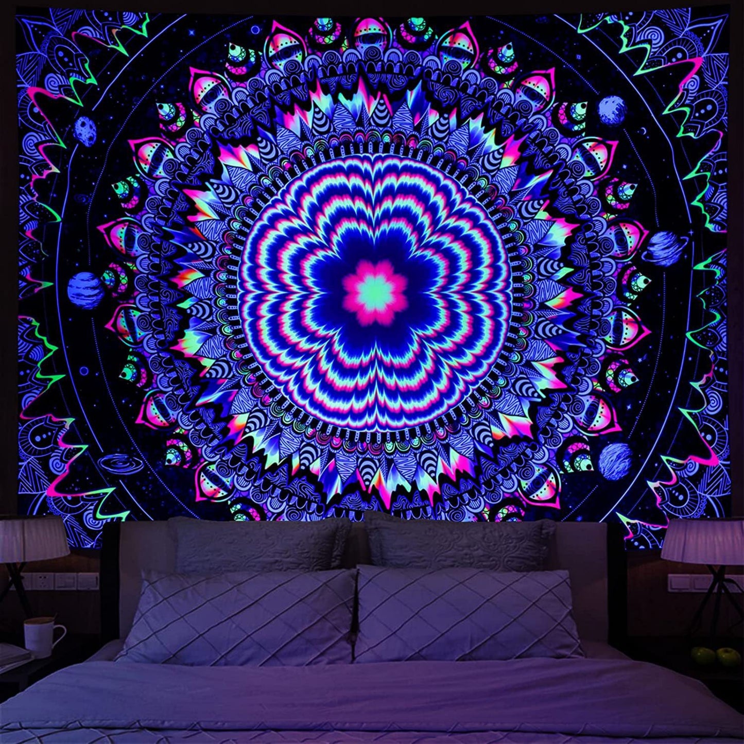 UV Reactive Trippy Tapestry , Psychedelic Wall Hanging, Backlight Hippie Neon Wall Art Print,  Fluorescent  Mandala Poster for Room, Dorm