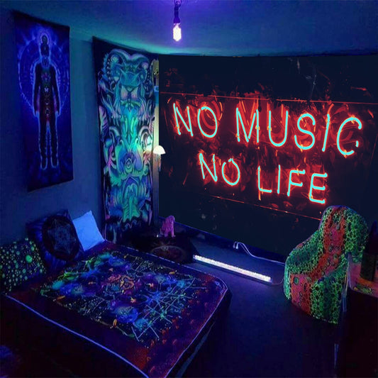 NO MUSIC NO LIFE Tapestry, Music Wall Hanging, Fluorescent Tapestry, Blacklight Mandala, Phrase Wall Art for Room Bedroom Dorm, Neon Party