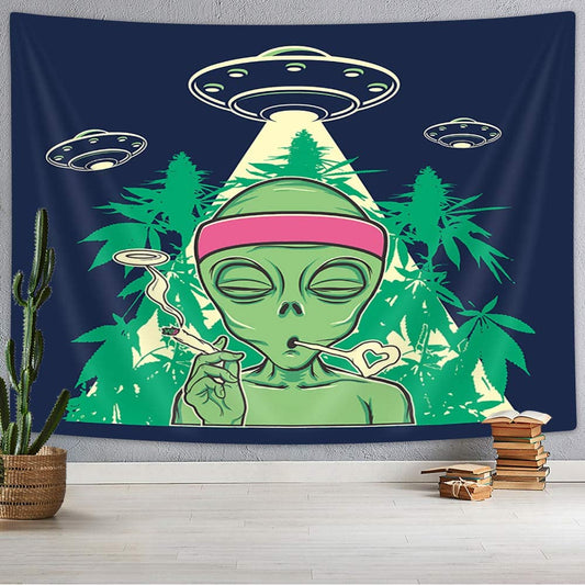 Alien Marijuana Tapestry, Trippy Weed Wall Hanging, Alien Smoking Weed Cannabis Wall Tapestry, Ufo Art, Marijuana Leaf Décor, Weed  Mandala