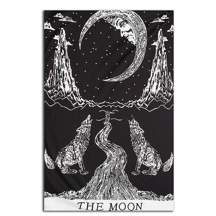 Wolf and Moon Tapestry, Black and White Gothic Psychedelic Popular Mystic Wall Hanging Tapestry, Hippie Mandala, Divination Tarot Tapestry