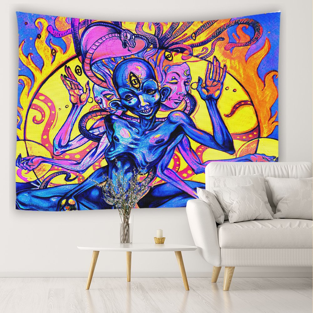 Blue Alien Tapestry,  Space Universe Ufo Wall Hanging, Colorful Psychedelic Abstract Trippy Blue Hippie Spiritual Tapestry ,Tapestries