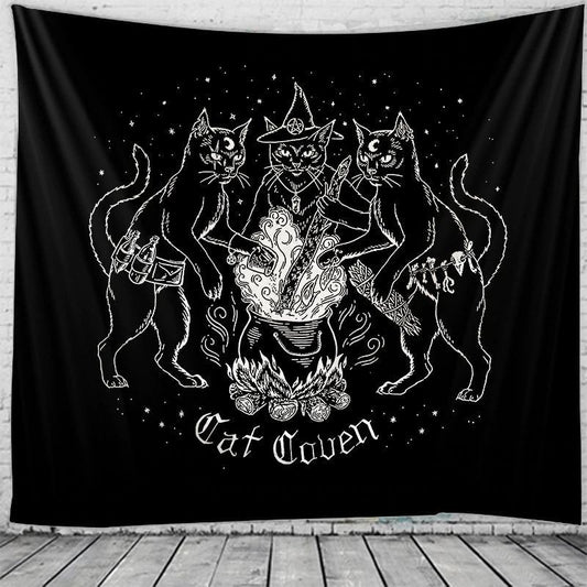 Cat Coven Tapestry, Gothic Wall Hanging, Goth Art, Witchcraft Room Decor, Black Cat Witchcraft Tapestry, Wall Art Decor for Living Room
