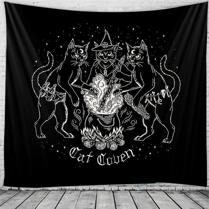 Cat Coven Tapestry, Gothic Wall Hanging, Goth Art, Witchcraft Room Decor, Black Cat Witchcraft Tapestry, Wall Art Decor for Living Room