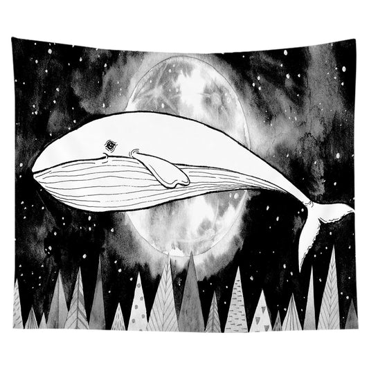 Black and White Whale Tapestry Wall Hanging, Moon Tapestry, Deep Sea Life Ocean Abstract  Background Cloth Mandala for Living Room
