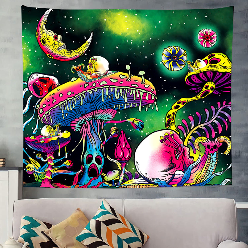 Trippy Mushroom Tapestry Hippie Skull Tapestry , Skeleton Wall Hanging Moon Phase Fantasy Plants Wall Tapestry for Bedroom Aesthetic  Art
