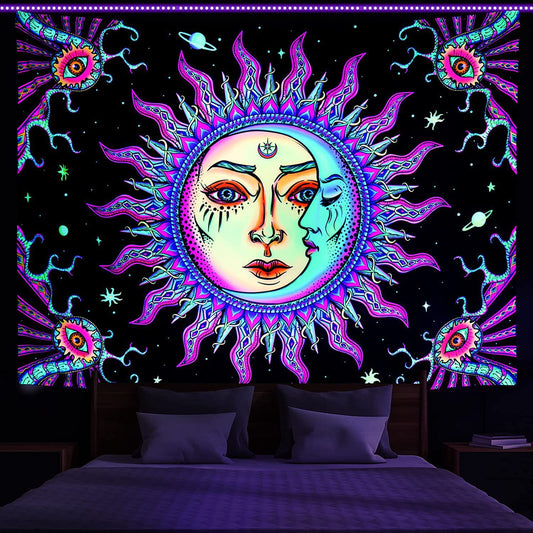The Sun and Moon Tapestry, UV Reactive Burning Sun Wall hanging,  Backlight Wall Tapestry, Fluorescent Witch Psychedelic Mandala For Room