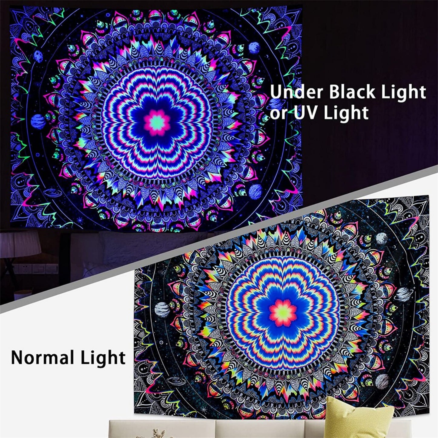 UV Reactive Trippy Tapestry , Psychedelic Wall Hanging, Backlight Hippie Neon Wall Art Print,  Fluorescent  Mandala Poster for Room, Dorm