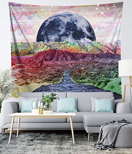 Psychedelic Mountain Tapestry, Colorful Moon Surreal Landscape Abstract Boho Wall Hanging, Nature Decor for Bedroom Living Room Dormitory