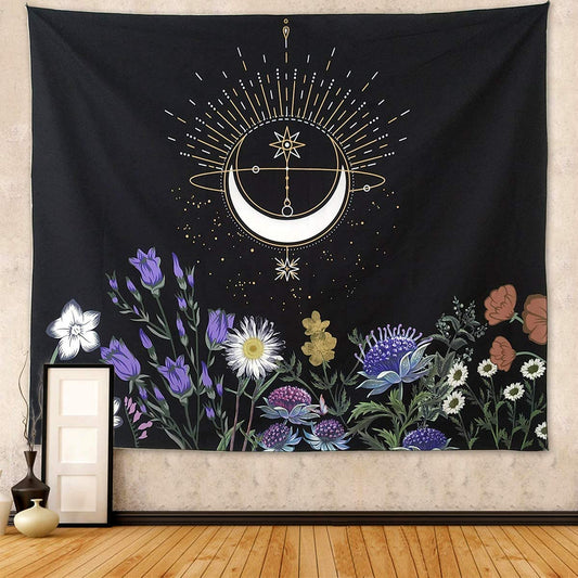 Moon Flowers Tapestry Wall Hanging, Black Wall Tapestry, Tarot Tablecloth, Floral Art, Moon Phase Print, Witchy Décor for Bedroom, Dorm