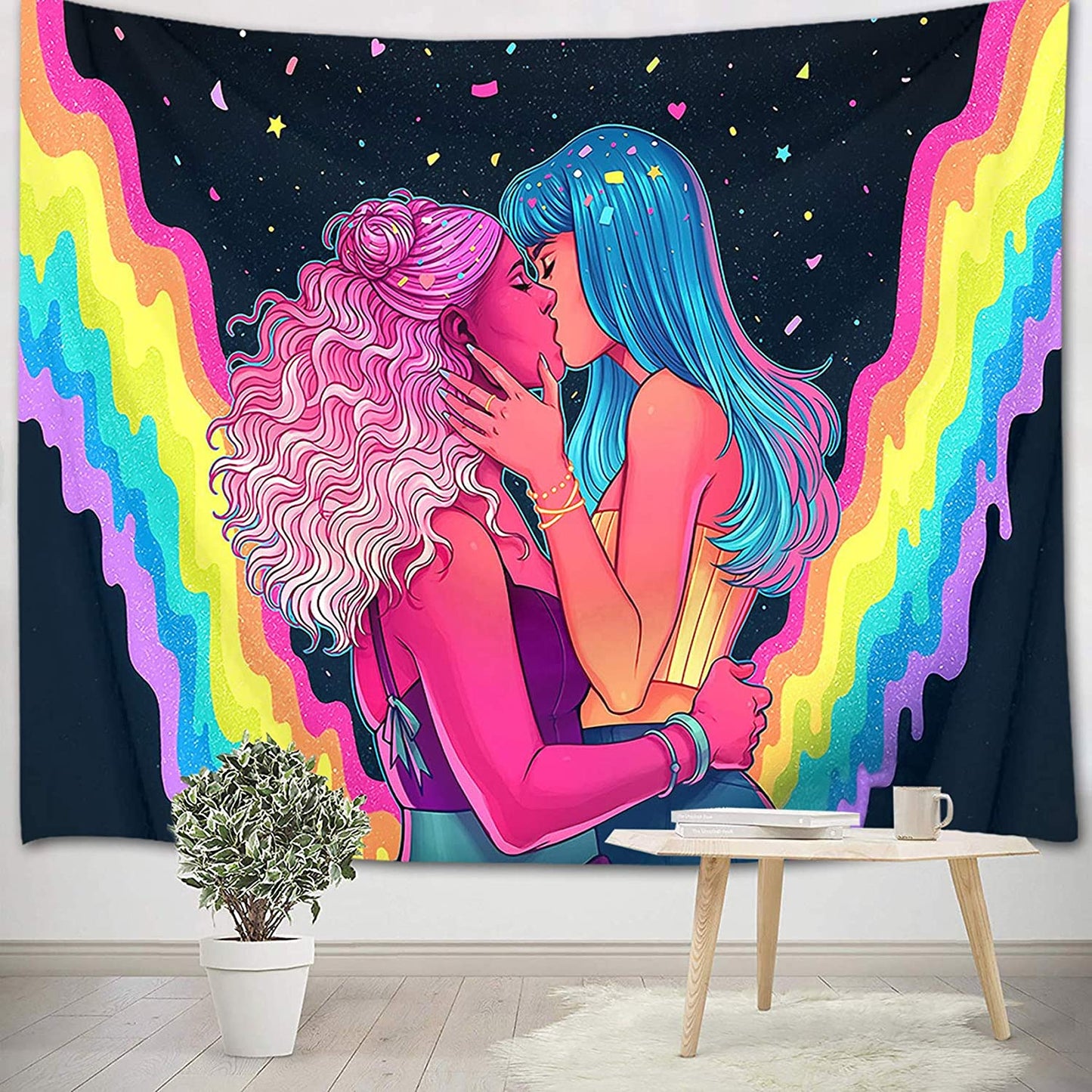 LGBT Tapestry , LGBT Flag,  Lesbian Kissing, Pride Love, Girl Love Wall Art , Rainbow Wall Hanging,  For Bedroom Living Room Dorm Décor