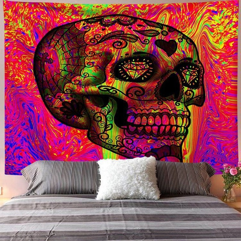 Psychedelic Sugar Skull Tapestry,  Funny Skull Fantasy Art  , Skeleton Wall Hanging , Witchy Decor Altar, Hippie Goth Trippy Home Décor