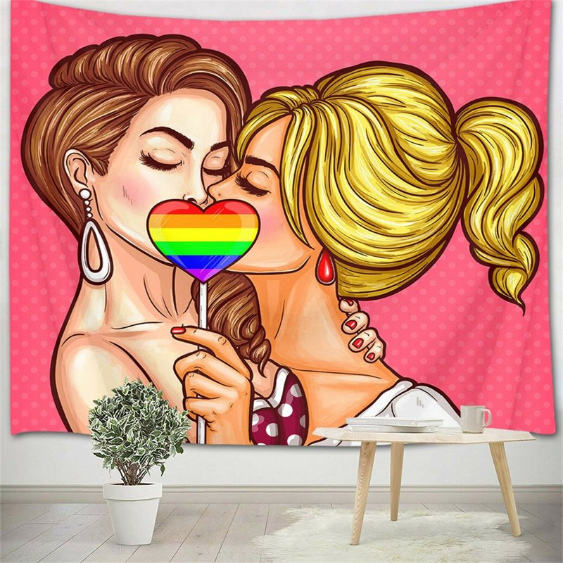 LGBT Tapestry , Girls Kissing with  Rainbow Heart , Girlfriend Lesbian Gift,  Guy Love Wallpaper , Romantic Wall Hanging,   Bedroom  Dorm