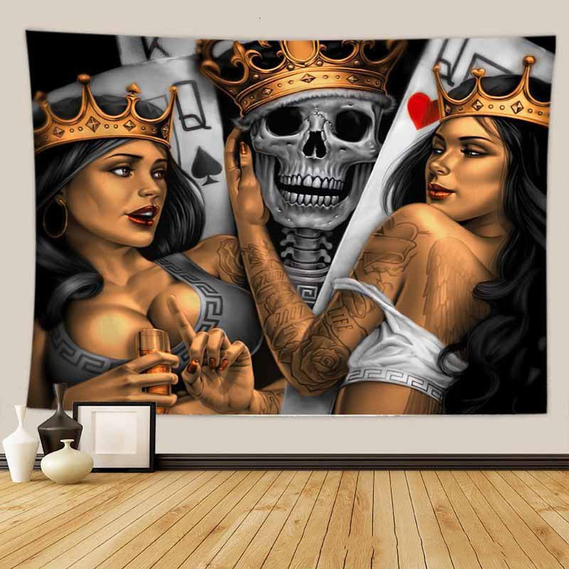 Sugar Skull with Crown Tapestry,  Skull Aesthetics,  Skeleton with Womens Wall Hanging , Witchy Decor Altar, Hippie Goth Trippy Home Décor