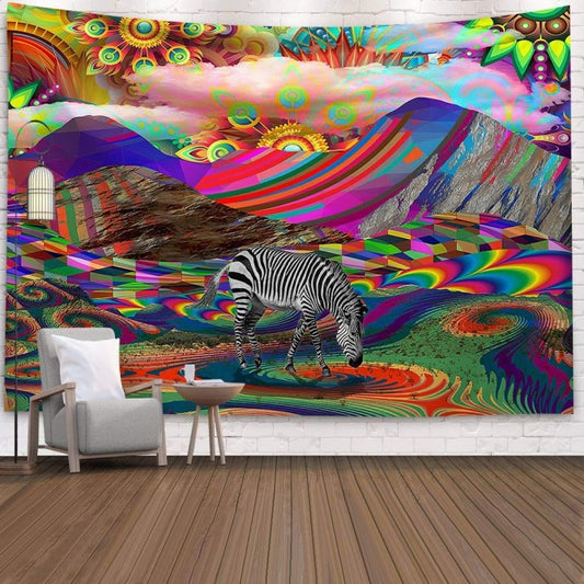 Rainbow Tapestry ,Psychedelic Mountain Colorful Landscape Abstract Magic Fantasy Zebra Tapestry,  Boho Retro Wall Tapestry  for Bedroom Dorm