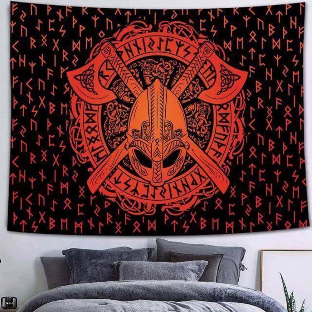 Viking Warrior and Runes Tapestry, Norse Mythology Wall Hanging, Medieval Art, Nordic  Wall Hanging Décor, Odin Altar Cloth, Viking Pagan