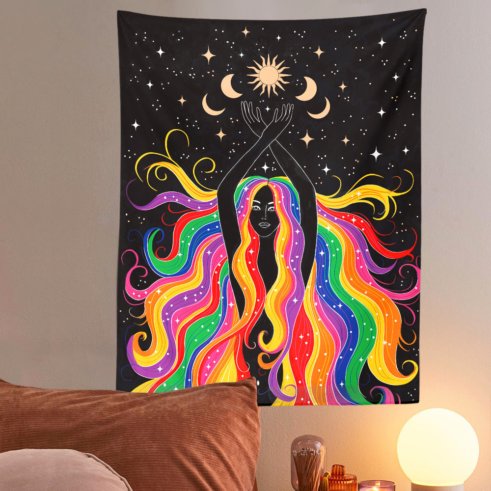 Sun and Moon Tapestry with Star, Rainbow Girl Wall Hanging, Tarot Tablecloth, Bohemian Celestial Gothic Mandala for Bedroom, Living Room