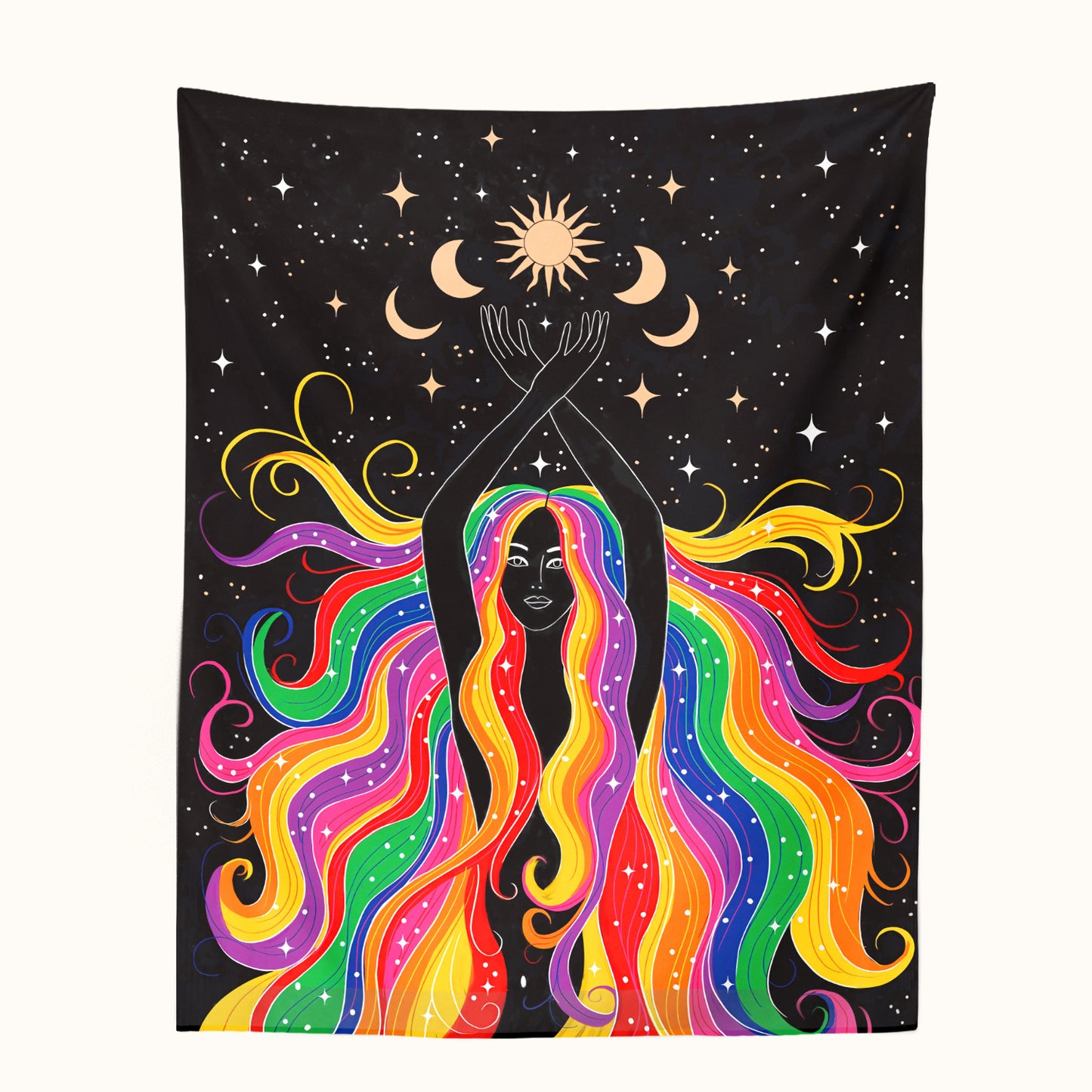 Sun and Moon Tapestry with Star, Rainbow Girl Wall Hanging, Tarot Tablecloth, Bohemian Celestial Gothic Mandala for Bedroom, Living Room