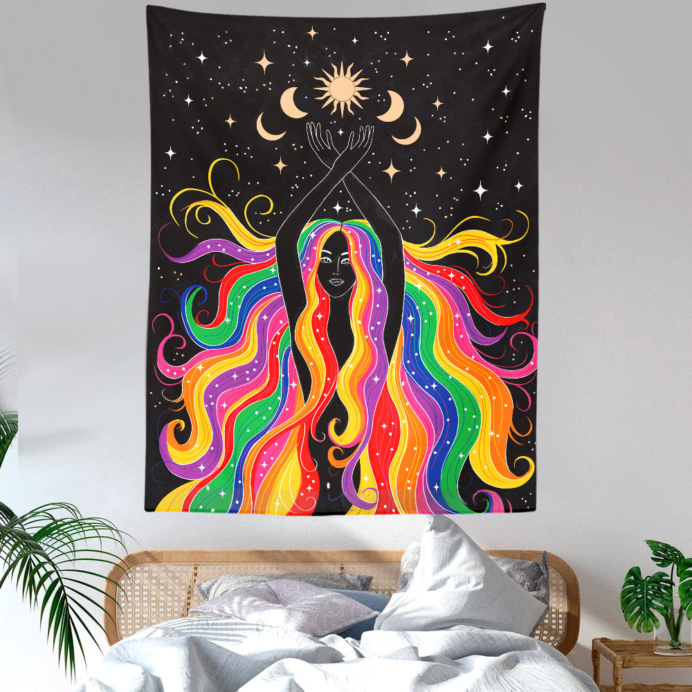Sun and Moon Tapestry with Star, Rainbow Girl Wall Hanging, Tarot Tablecloth, Bohemian Celestial Gothic Mandala for Bedroom, Living Room