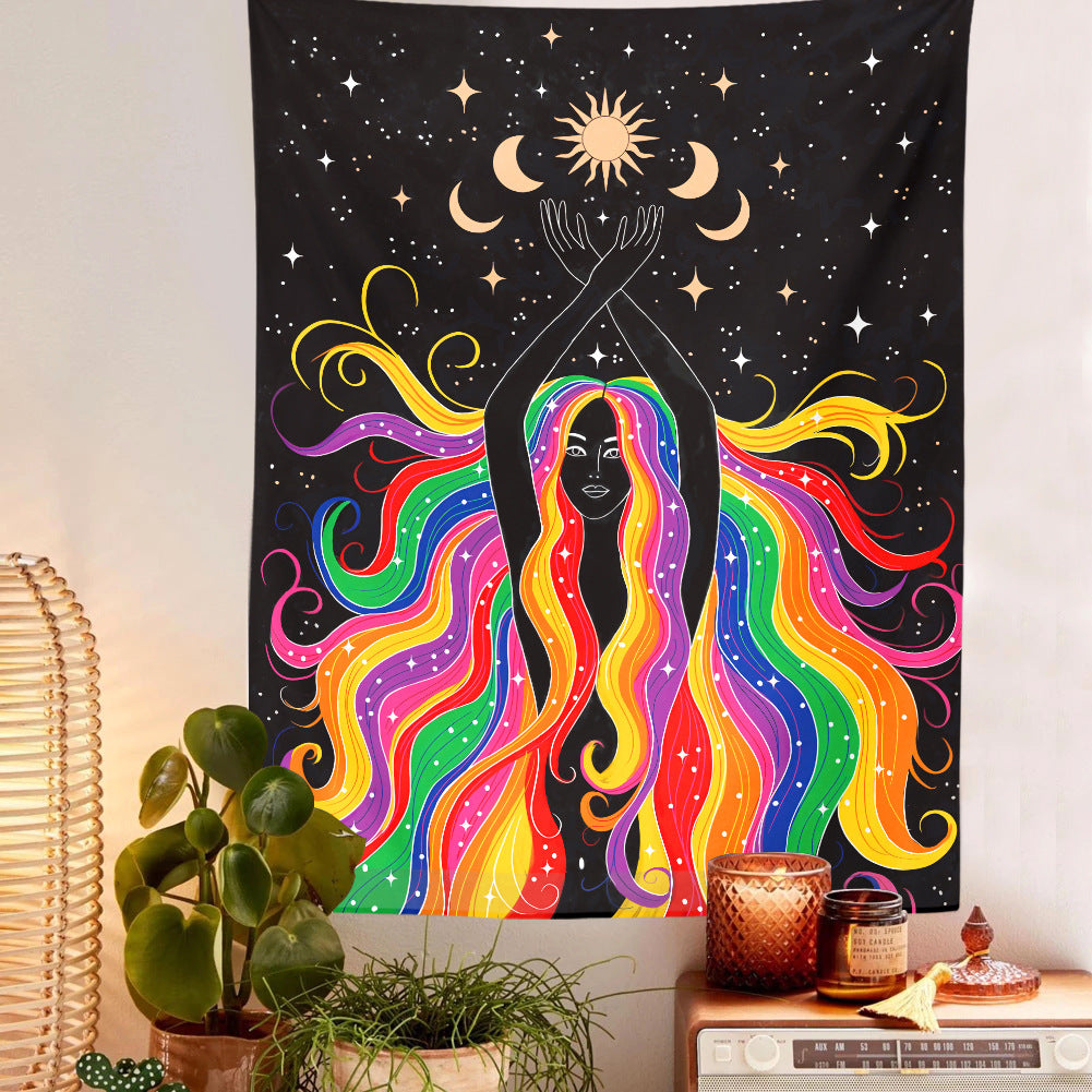 Sun and Moon Tapestry with Star, Rainbow Girl Wall Hanging, Tarot Tablecloth, Bohemian Celestial Gothic Mandala for Bedroom, Living Room