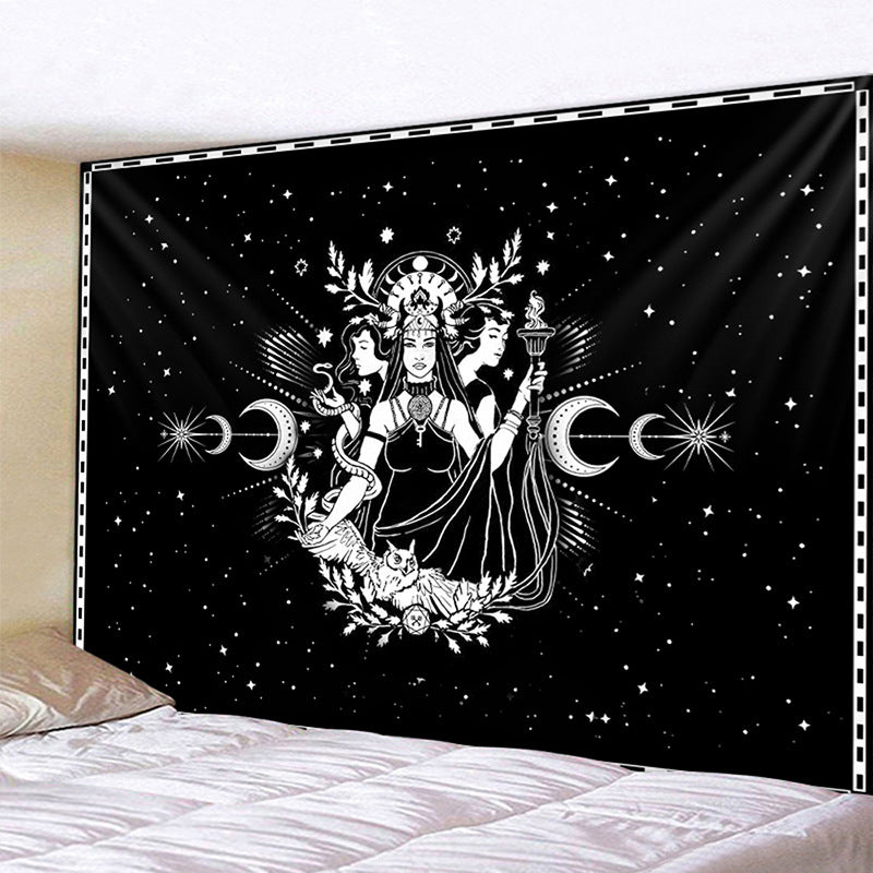 Lunar Goddess Hecate Tapestry, Witch Witchy Gothic Wall Hanging, Black and White , Goth Trippy Moon Tarot Card Tapestries , Mandala Art
