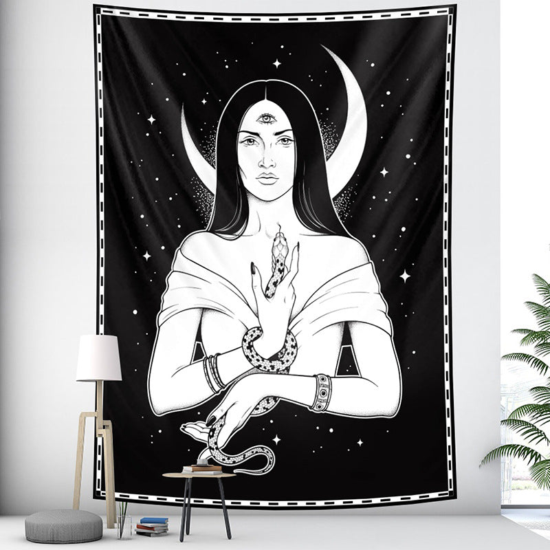 Goddess Witch with Serpent Tapestry Mandala, Tarot  Wall Hanging, Black and White , Goth Trippy   Snake Tapestries, Starry Night Celestial