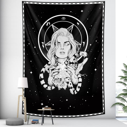 Witchcraft Tapestry Mandala, Tarot Divination Wall Hanging, Black and White , Goth Trippy  Skull Snake Tapestries, Starry Night Celestial