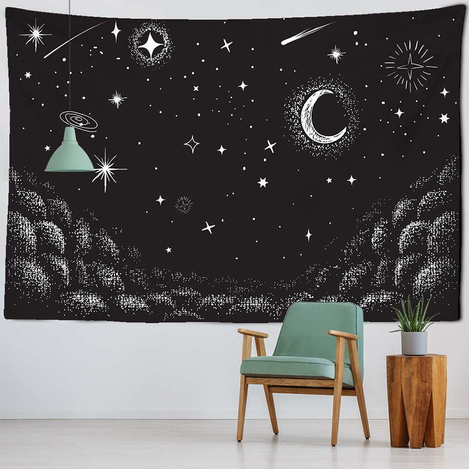Starry Night Tapestry, Moon and Stars Tapestry  Aesthetic Black and White Dark Spiritual Wall Tapestry for Bedroom Living Room Dorm Decor