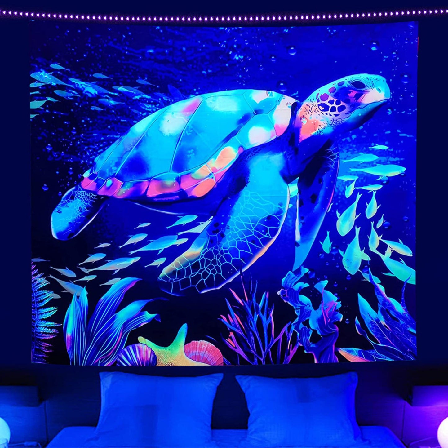 Sea Turtle Tapestry, Fluorescent Tapestry, Backlight Wall Hanging, UV Reactive Tapestries ,Ocean life Mandala, for Bedroom Dorm Party Décor