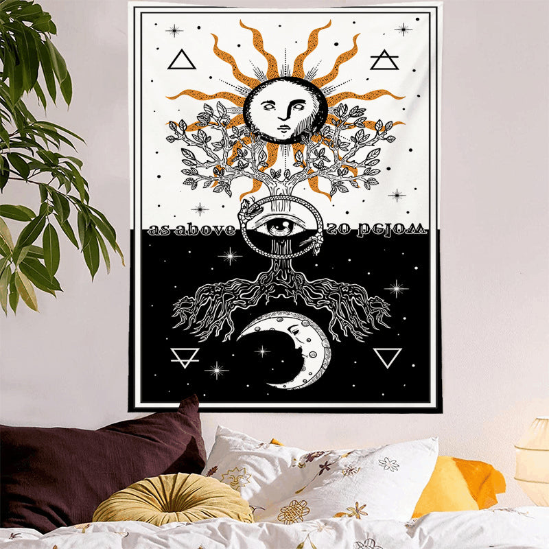 Tarot Tapestry, Moon and Sun Tapestry ,Mysterious Tarot Cards Tapestries ,White and Black Tapestry Wall Hanging , Three of Life Wall Art