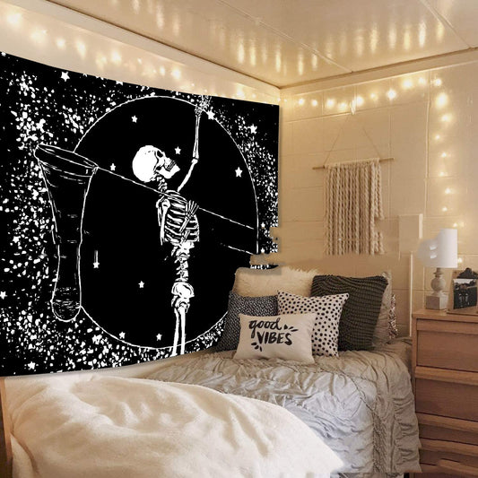 Skeleton Tapestry,  Starry Night Tapestries, Skull Wall Hanging,  Tarot Cloth, Black and White Tapestry, Dark Hippie Trippy Art  Tapestry