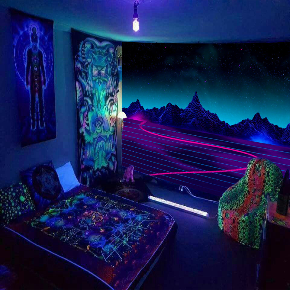 Fluorescent Tapestry, Mountain Landscape Wall Hanging, Fractal Tapestry ,Surreal Art, Psychedelic Backdrop, for  Bedroom Dorm , Party Décor