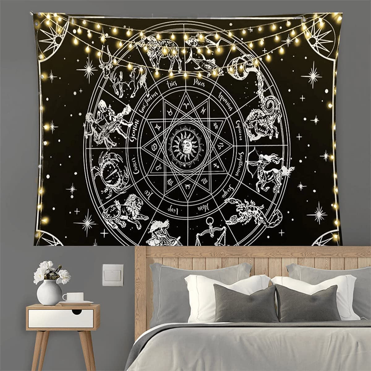 Constellation Wall Hanging, Black and White Tapestry, Tarot Cloth, Zodiac Indian Mandala, Astrology Wall Art  Living Room and Bedroom