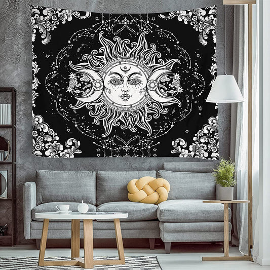 Sun and Moon Tapestry, Stary Night Wall Hanging, Black and White Tapestry, Tarot Cloth, Psychedelic Wall Art for Living Room Décor, Bedroom