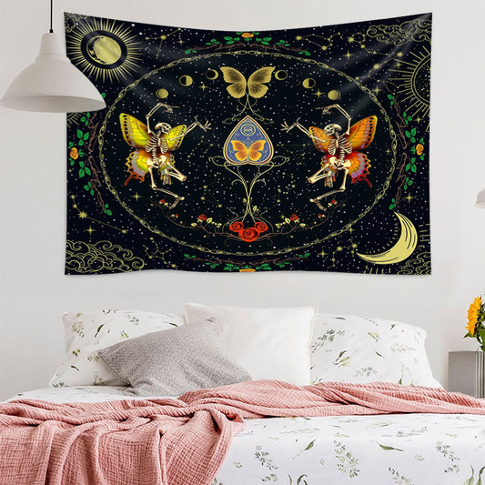 Moth Butterfly Tapestry, Skull Tapestry , Black Tarot Skeleton Wall Hanging  ,Sun and Moon Cloth, Hippie ,Goth, Aesthetic for Bedroom, Dorm