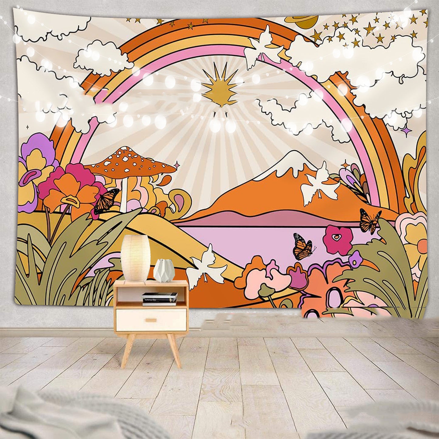 Vintage Groovy Tapestry, Retro Trippy Mushroom Flowers Clouds Sun Rainbow Wall Hanging,  Hippie Psychedelic Tapestry for Bedroom Dorm Decor