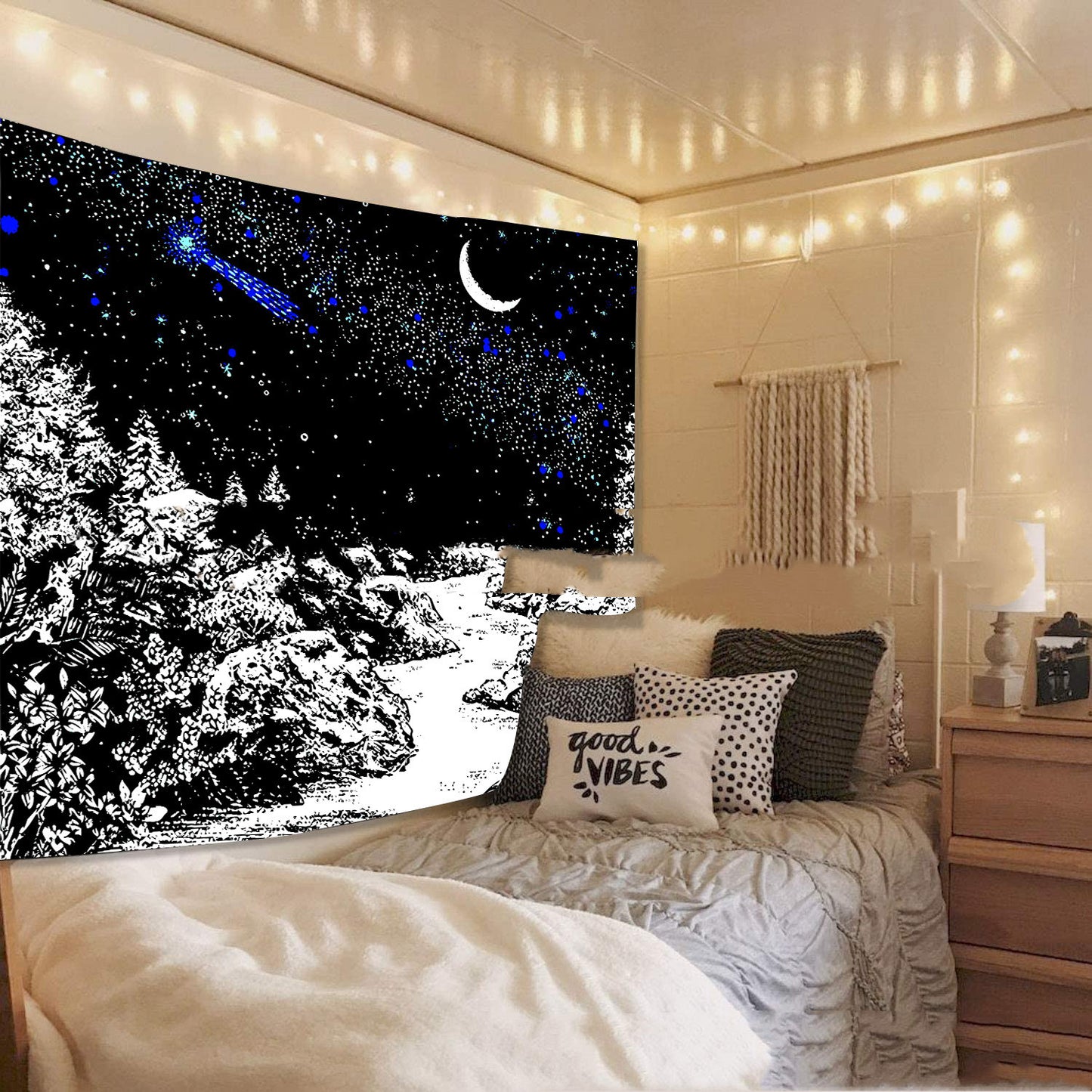 Black And White Tapestry Wall Hanging, Moon Tapestries,  Mountain Landscape Wall Art,  Hippie  Aesthetic Mystical Goth Trippy Blue Tapestry