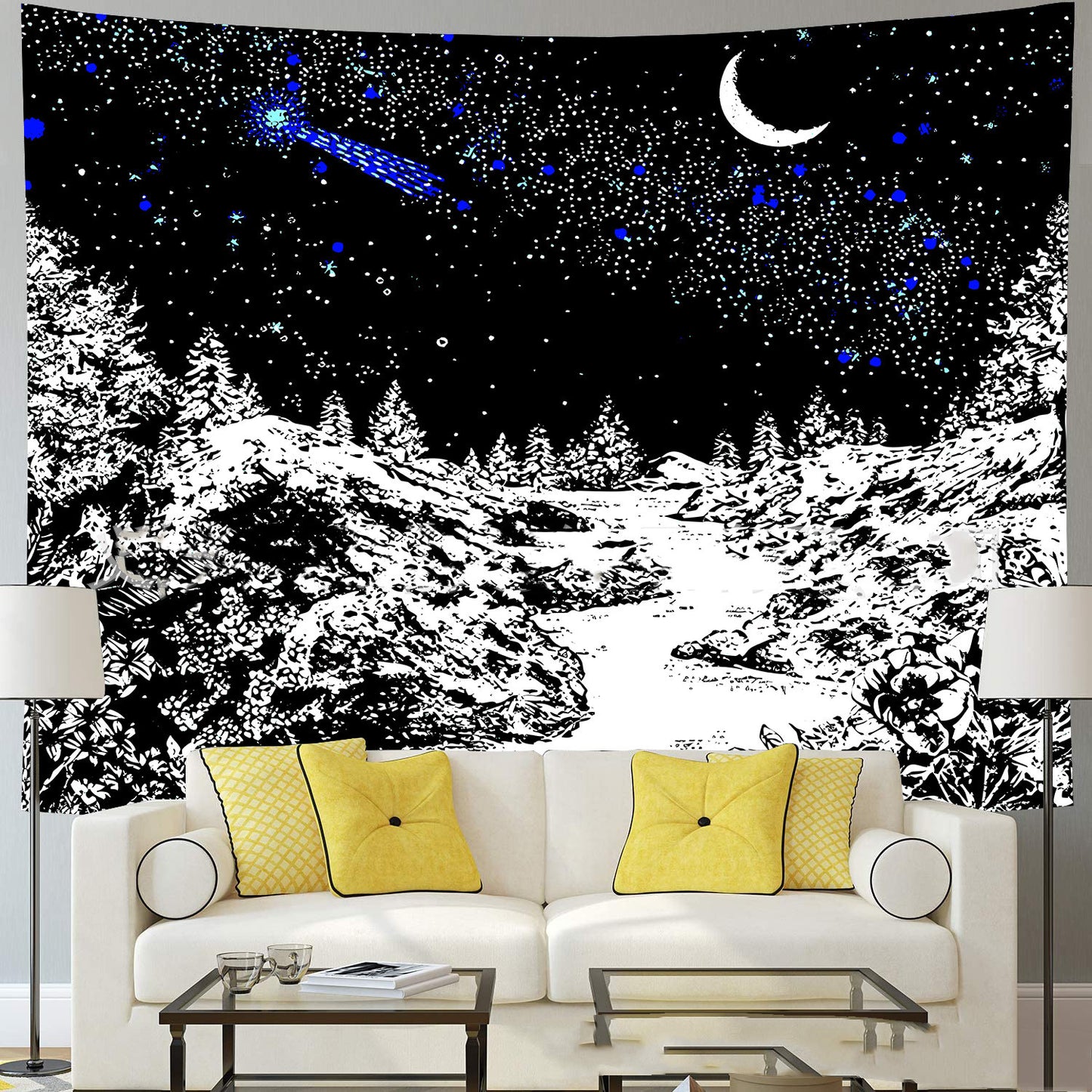 Black And White Tapestry Wall Hanging, Moon Tapestries,  Mountain Landscape Wall Art,  Hippie  Aesthetic Mystical Goth Trippy Blue Tapestry