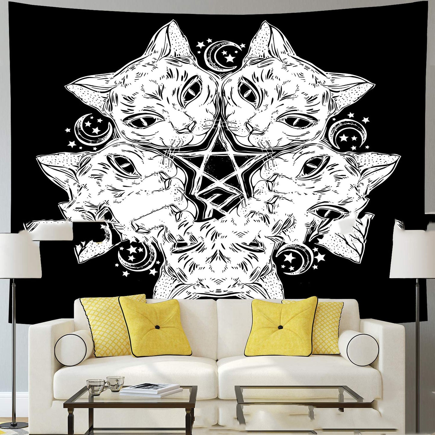 Magic Tapestry,  Black Cat Head Wall Hanging, Sun And Moon Tarot Cloth, Black and White Tapestry, Hippie, Gothic Mandala , Tablecloth, Cover