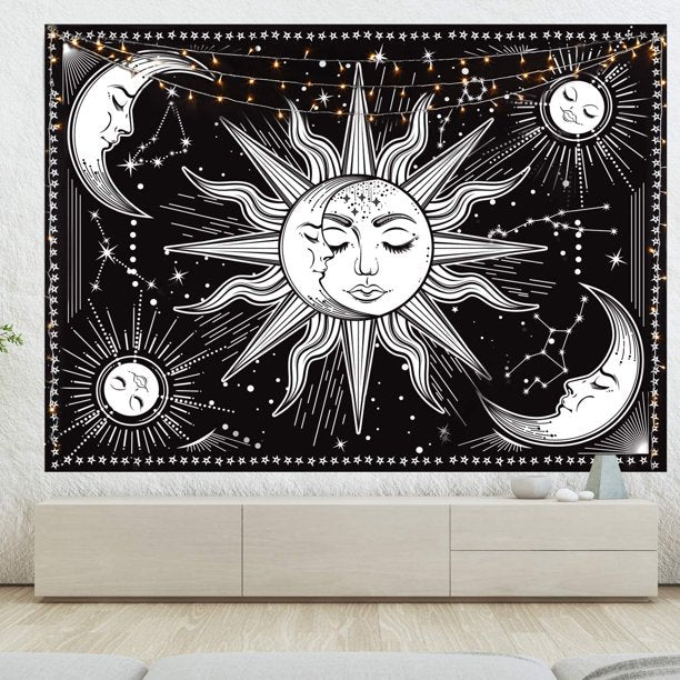 Black and White Tapestry ,Aesthetic  Wall Hanging Sun Moon Star Tapestry Wall Art for Bedroom, Celestial, Tarot Card, Living Room, Dorm