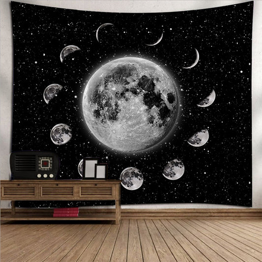 Lunar Tapestry,  Moon Phase Wall Hanging, Full Moon Wall Décor, Luna Tapestry, Black and White Art, Tarot Card Cloth, Starry Night Backdrop