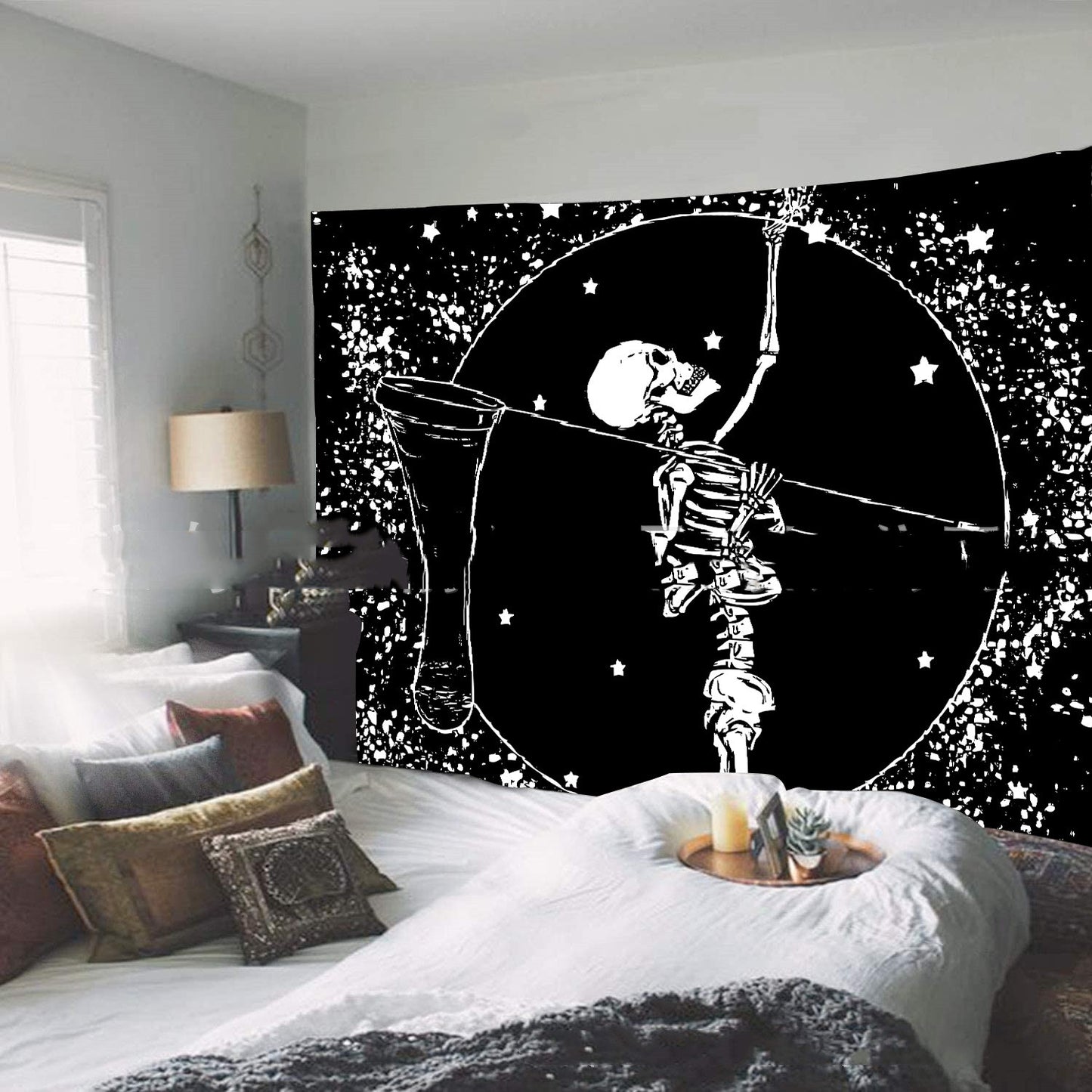 Skeleton Tapestry,  Starry Night Tapestries, Skull Wall Hanging,  Tarot Cloth, Black and White Tapestry, Dark Hippie Trippy Art  Tapestry