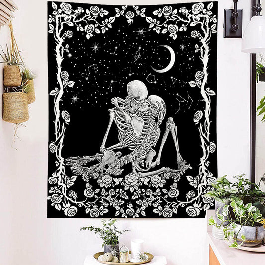 Skeleton Tapestry, Kissing Lovers Wall Art , The Kissing Lovers Wall Hanging ,Black and White Tapestry, Tarot Card Cloth, Bed Room Decor