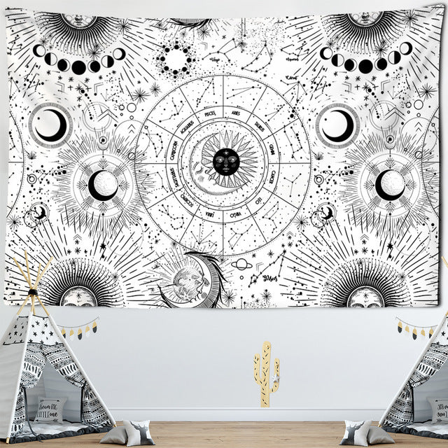 Black and White Tapestry,  Tarot Wall Hanging,  Sun And Moon Mandala,  Hippie  Gothic  Witchcraft  Astrology  Tapestry, Tablecloth, Cover