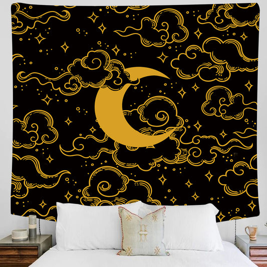 Moon Phase Tapestry , Starry Night  Wall Hanging,  Moon and Stars Tapestry,  Black and Yellow Wall Art  Mandala Tablecloth, Tarot Cloth