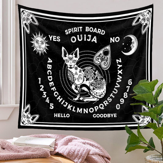 Black Cat Tapestry, Ouija Board Wall Hanging , Black and White Tapestry,  Large Tapestry , Spiritual  Goth Mandala Spirit Art , Tarot Cloth